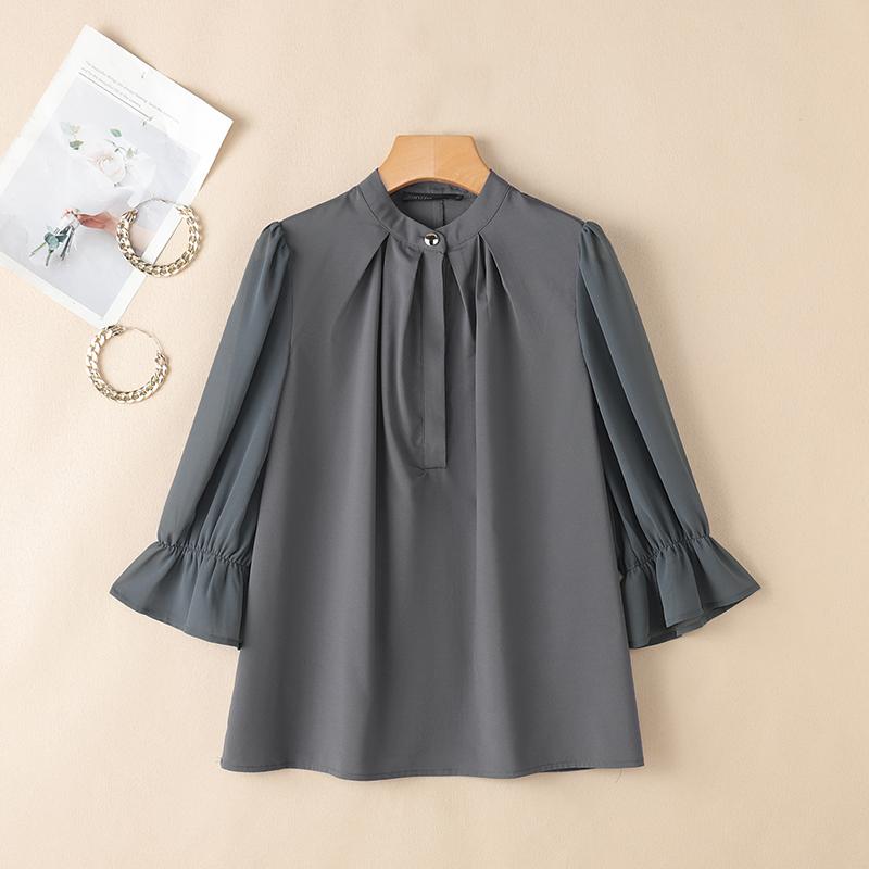 

ZANZEA Женская повседневная блузка свободного кроя с рукавами 3/4 и воротником-стойкой, однотонная 5XL серый