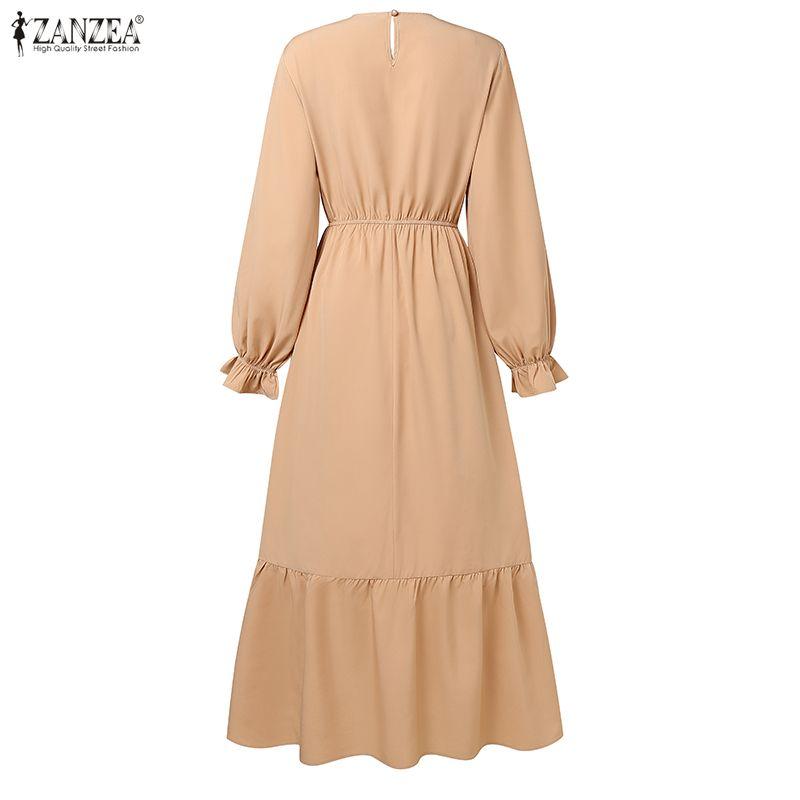 ZANZEA Women Casual Round Neck Loose Long Sleeve Muslim Long Dress