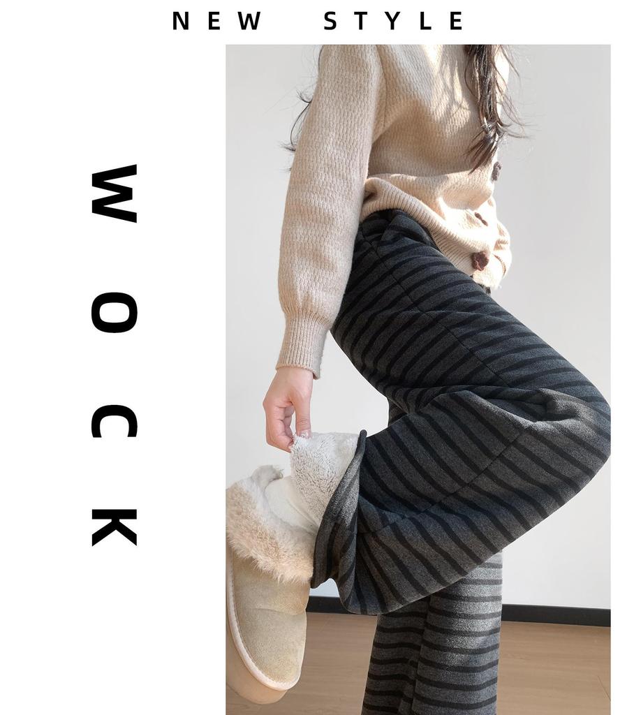 Women's Ash-Black Striped Wool Wide-Leg Pants with High Waist, Autumn/Winter Style, Plus Velvet, Loose Straight-Leg Design