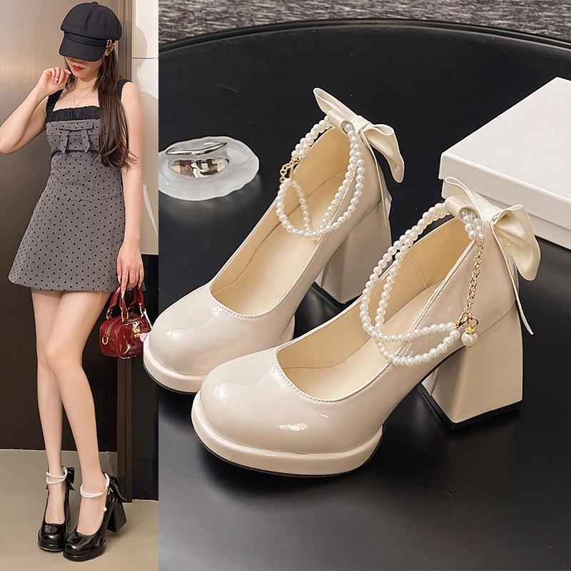 

Туфли Мэри Джейн на толстом каблуке для французской девочки 2025: Женские сандалии из жемчужной кожи 36 чёрный