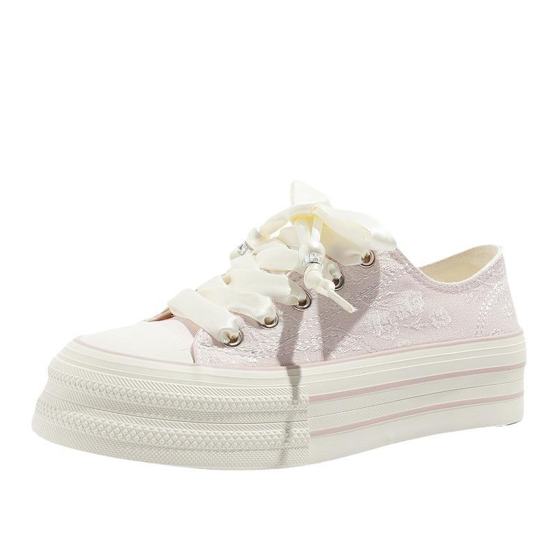Women's 2025 New Korean Bandage Rubber Thick Sole Canvas Shoes Low Top Lace-Up Casual Versatile Platform Sneakers