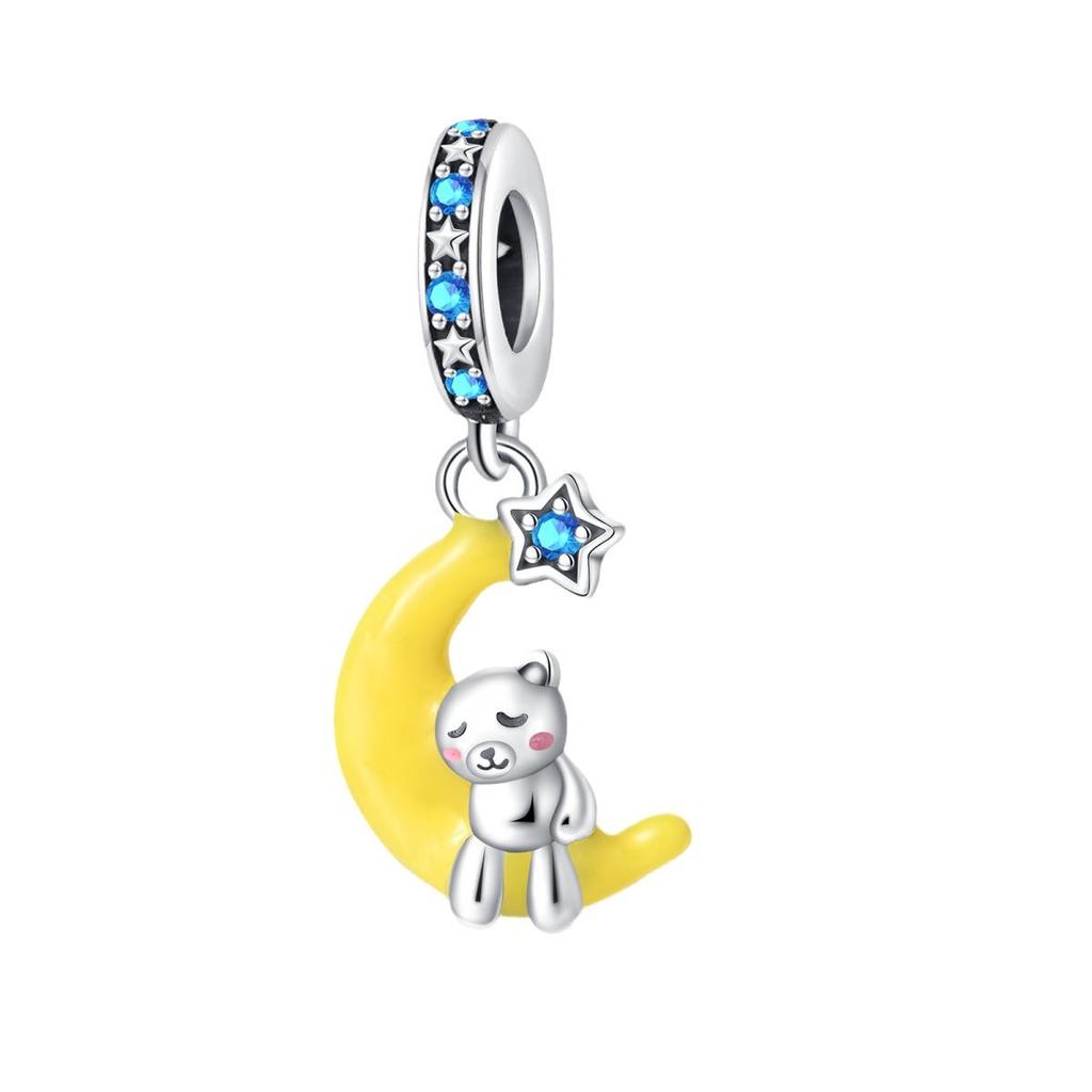 S925 Silver Glow in The Dark Moon Stars Pendant Beads for DIY Bracelet Necklace Jewelry Making