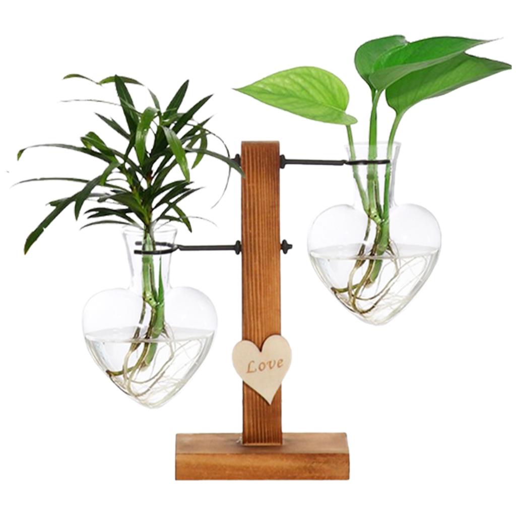 1Pc Heart Shape Hydroponic Vase Desktop Glass Plant Terrarium with Wood Support Stand Glass Vase Water Plant Propagation Station