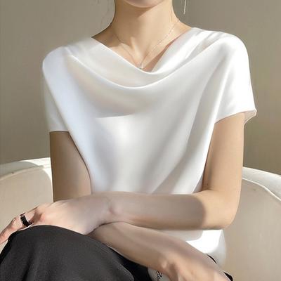 Tricou de vară pentru femei din satin de mătase Tricou cu temperament scurt, simplu, cu mânecă scurtă, topuri marimi mari
