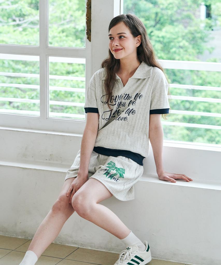 Metapeo Met Summer Knit Ribbon Print Short Sleeve Shorts Set