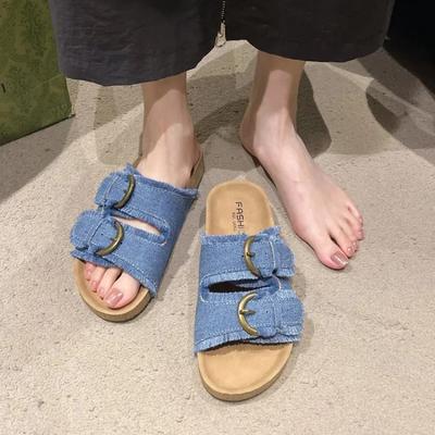 Neue Sommer 2026 Offene Zehen Fransen Flache Schuhe Bequeme Damen Outdoor Gürtelschnalle Canvas Sandalen Plateau Ein-Riemen Hausschuhe