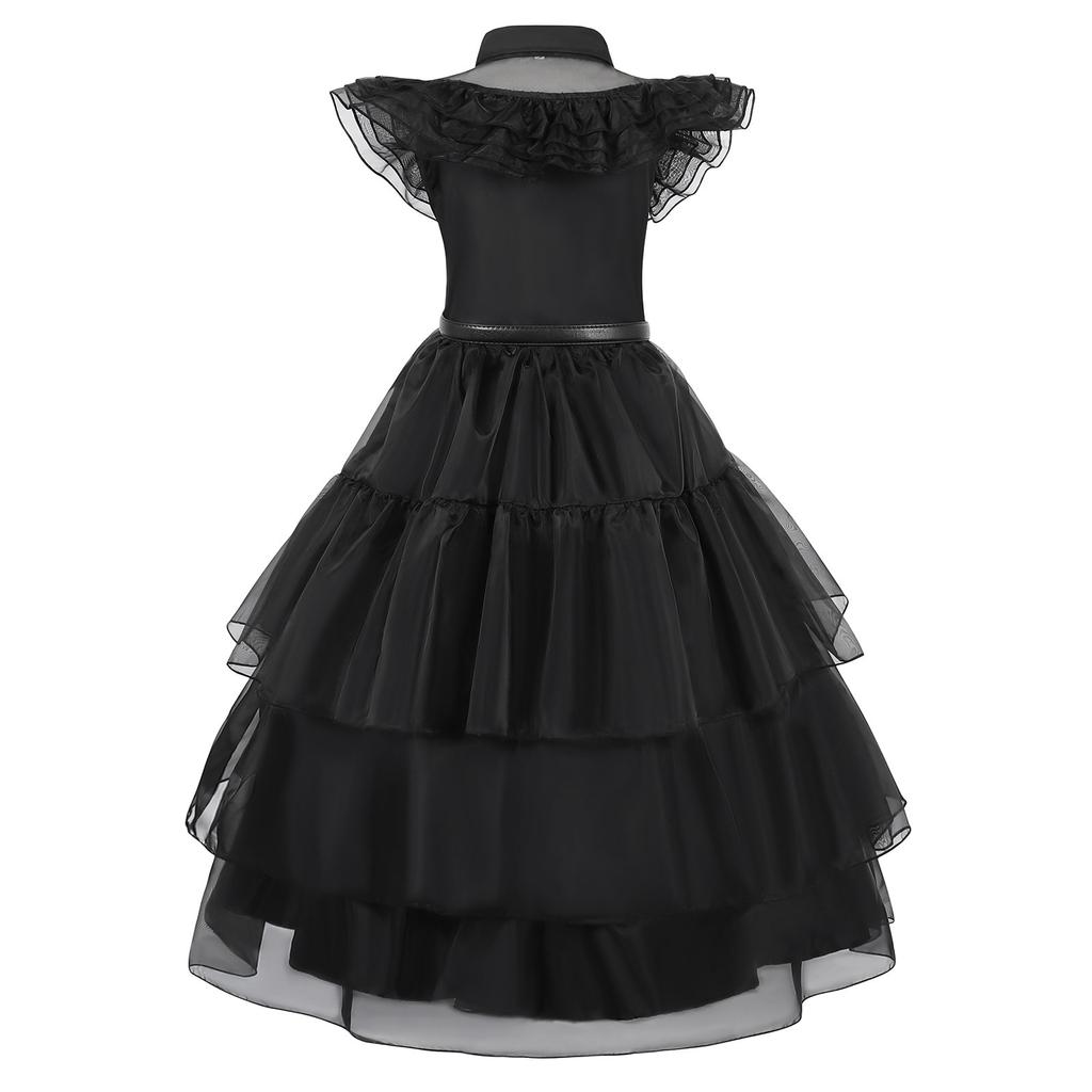 Girls Wednesday Addams Costume Dress, Gothic Party Cosplay, Halloween Role Play, Black Polyester Dress, 140cm