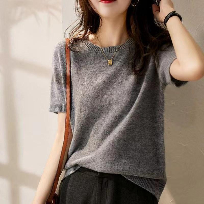 2022 Spring Summer Fashion Simple Pullover Elegant Fashion O-Neck Solid Knitted Sweater Women Short Sleeve Casual Loose Tops