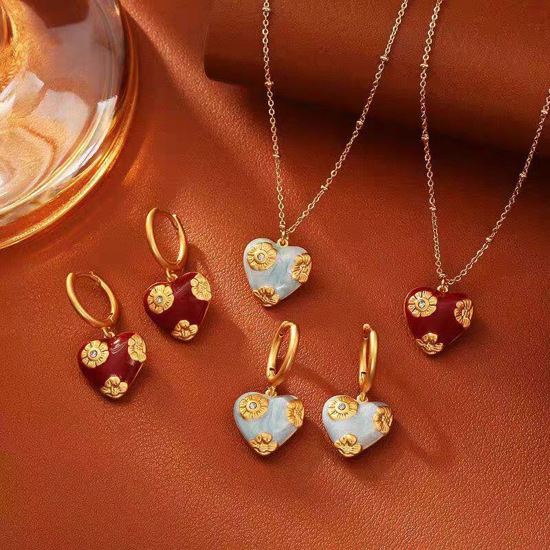 [Oil Painting Love Song] French exquisite oil drip enamel flower love ear buckle necklace retro light luxury fashion suit