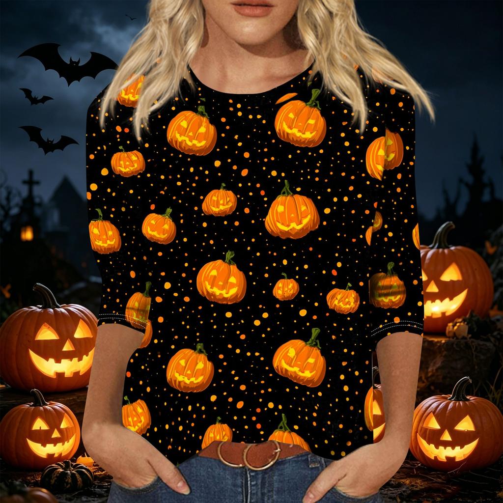 Women's Halloween Print 3/4 Sleeve Shirt Loose Fit Casual Round Neck Pullover Top Lightweight Comfortable Fabric Suitable for Daily Wear