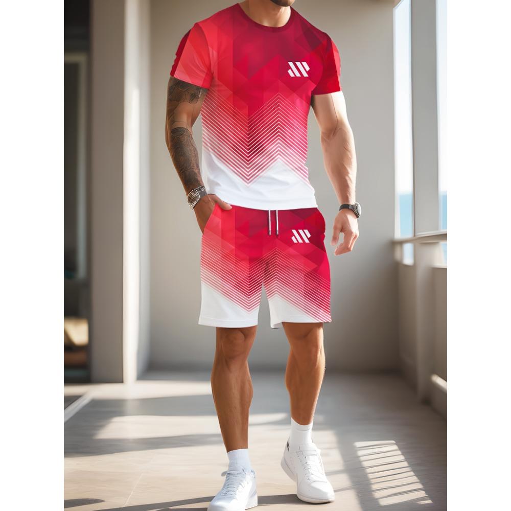 Summer 2-piece set - red gradient base 3D print, men s short-sleeved shirt + drawstring breathable shorts set S