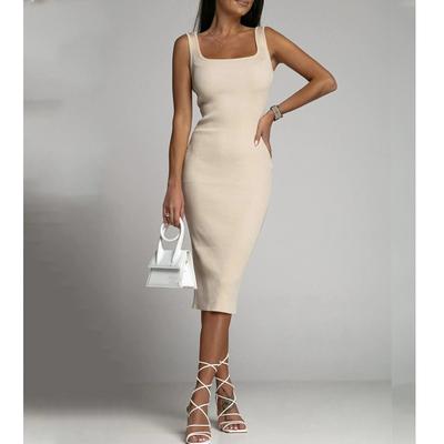 Summer Fashion Rib Knit Simple Black White Sleeveless Bodycon Club Basic Midi Dress for Women Casual Elegant Sexy Ladies Dresses