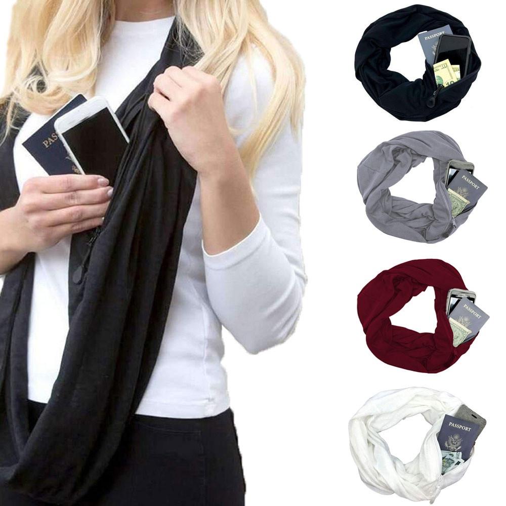 Buy Unisex Lovers Winter Solid Warm Loop Scarf Zippered Secret Pocket