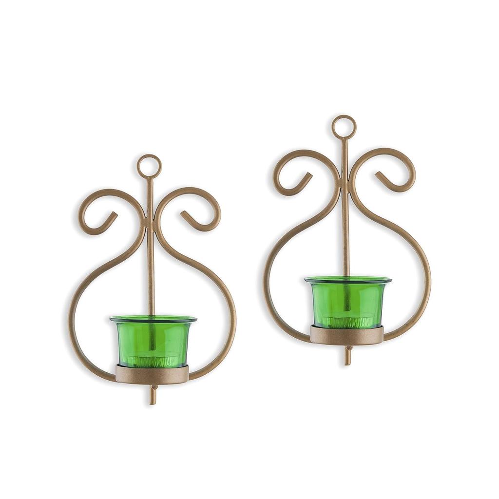 Wall Candle Sconce, Wrought Iron Candle Holder Hanging, Golden & Green Color