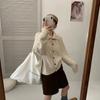 High-necked single-row wooden buckle plush knitted cardigan women's simple retro small fresh shoulder-plugged long-sleeved jacket