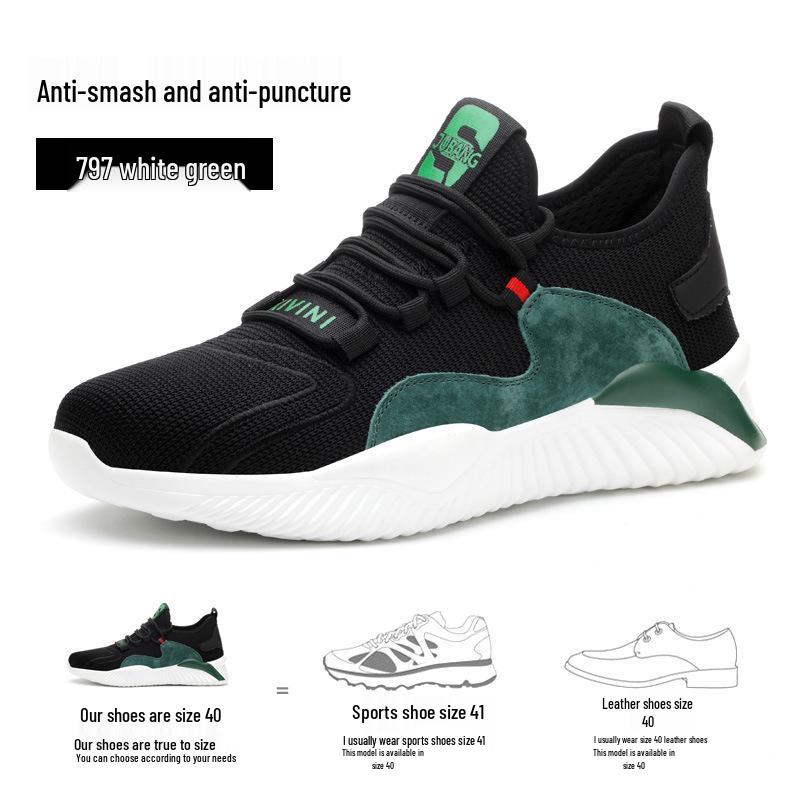 Lightweight Fly-Knit Safety Shoes: Steel Toe, Anti-Smash, Anti-Puncture—Perfect for Standing Comfortably All Day.