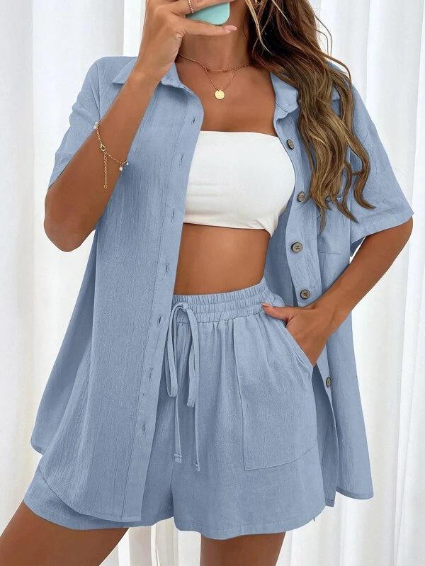 Women's Solid Color Short Sleeve Casual Shirt & Shorts Set - Loose & Stylish Two-Piece
