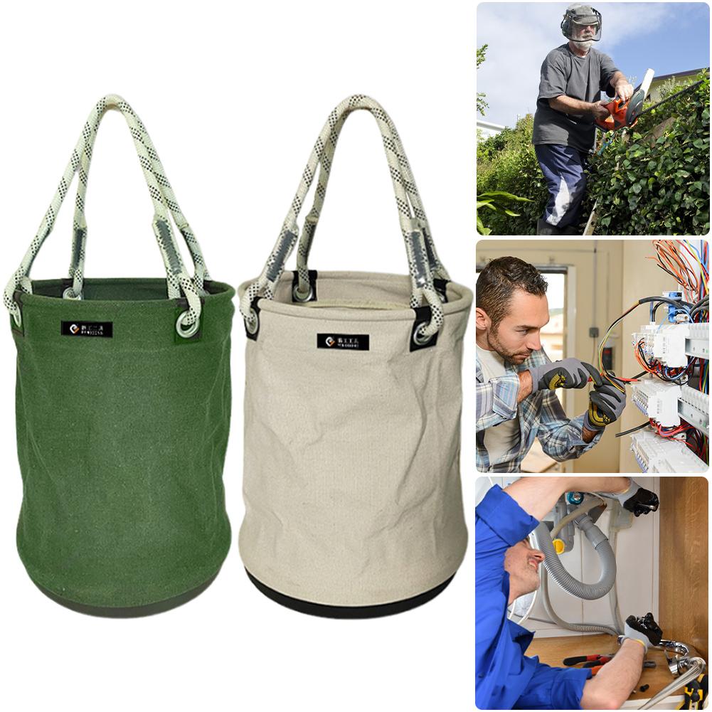 Canvas Tool Bucket Bag with Plastic Bottom Aerial Work Tool Bag Electrician All-Purpose Tool Bucket for Garden Tool