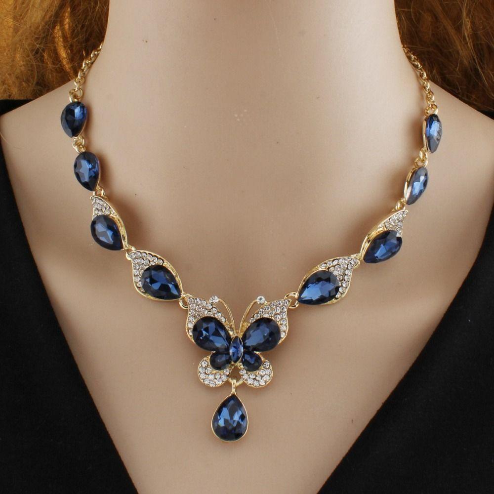 Shining Earrings Necklace Set Bracelet Rhinestone Butterfly Jewelry  Wedding Party