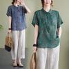 Vintage Floral Print Women's Cotton Linen Shirt Summer Short Sleeve Pocket Loose Casual Blouse Female Comfortable Soft Thin Daily Top