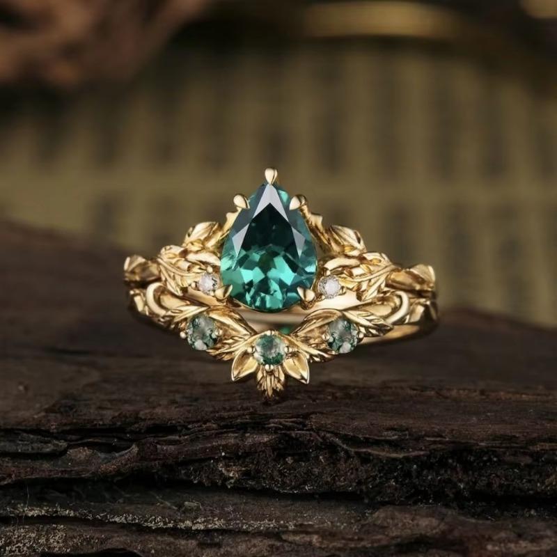 

Huajie 2Pcs/set Retro Green Water Droplet Sparking Zirconia Rings for Women Luxury Gold Color Ring Sets Fashion Tide 10 золотий