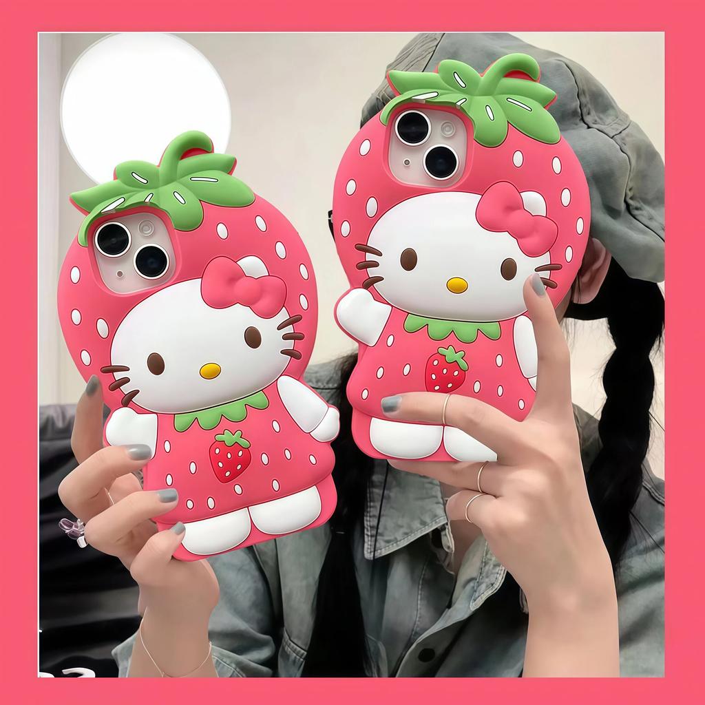 Custodia per telefono INS 3D Carina Fragola Hello Kitty Per iPhone 17 16 15 14 13 12 Pro Max 17Pro Air iPhone 11 Cover Morbida in Silicone
