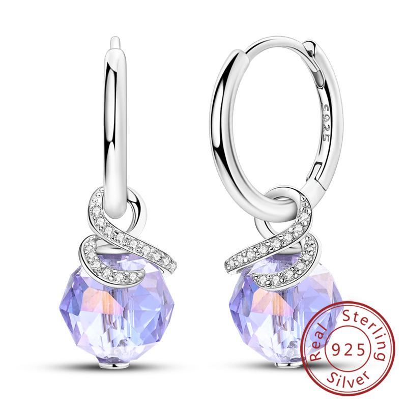 New Original 925 Silver Hoop Earrings Purple Zircon Flowers Butterflies Studs Earring For Women Wedding Engagement Gift