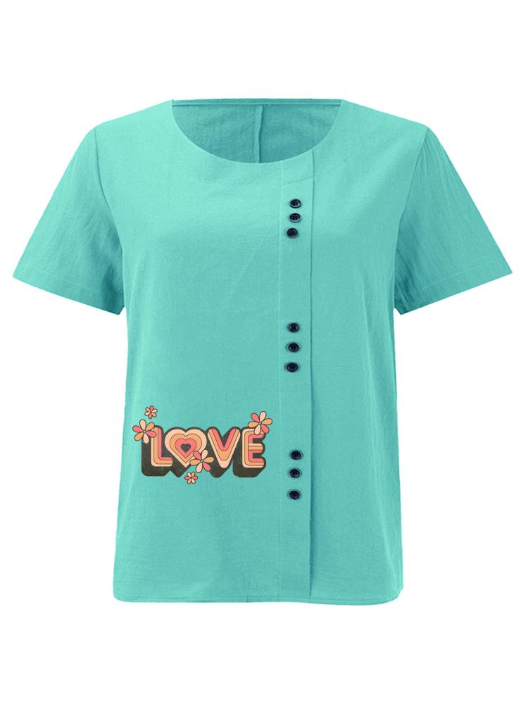 Women's Fashion Love Letters Print Casual Cotton Linen Short Sleeve Round Neck T-shirt Shirt Leisure Loose Summer Blouse Tops