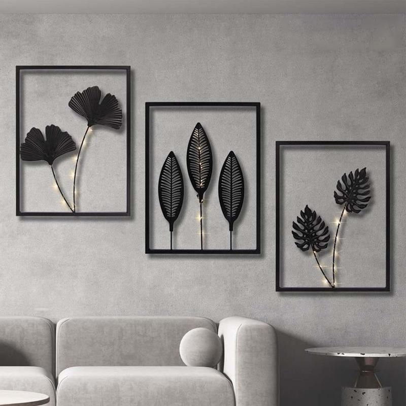 Metal Art Wall Decor Carving Black Metal Decorative Wall Art with LED Light Iron Sculptures for Hallway Entryway Fireplace Door