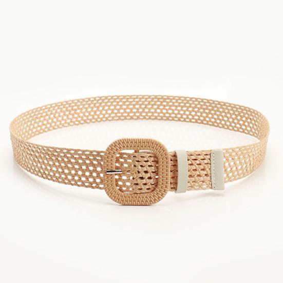 Straw Woven Belt with Oval Square Buckle Hollow Design Decorative Jeans Belt Breathable Weave Adjustable Shirt Waistband