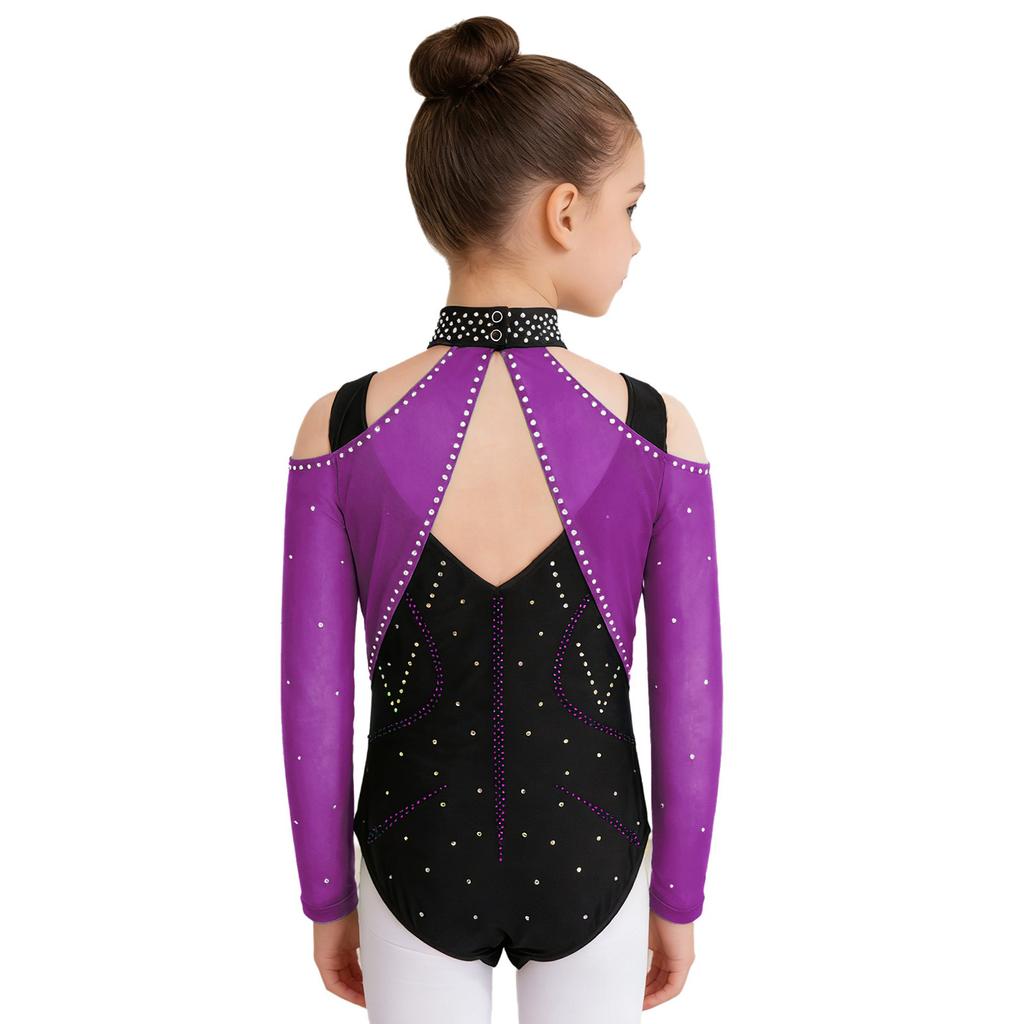 Kombinezon Gimnastyczny dla Dziewcząt Wycięcia Siateczkowe Patchwork Błyszczące Cyrkonie Color Block Body Baletowe