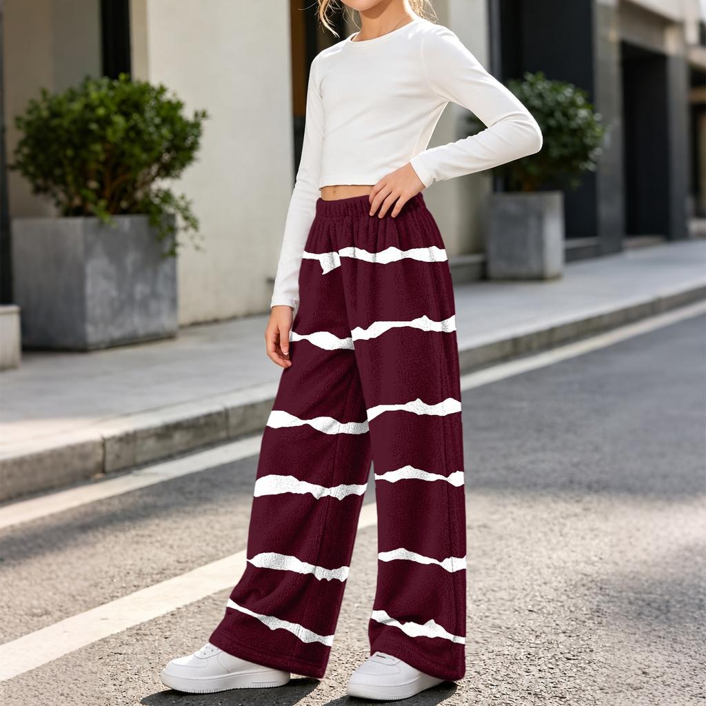 Fashion Girls' Flannel Warm Loose Striped Printed Pants