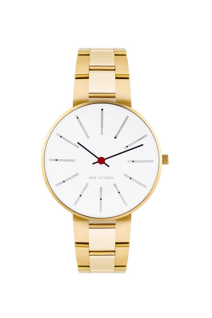 ARNE JACOBSEN BANKERS 53107-1629 34mm Watch with Scandinavian Design, Water Resistant (Quiet Design with No Second Hand), White Gold Bracelet