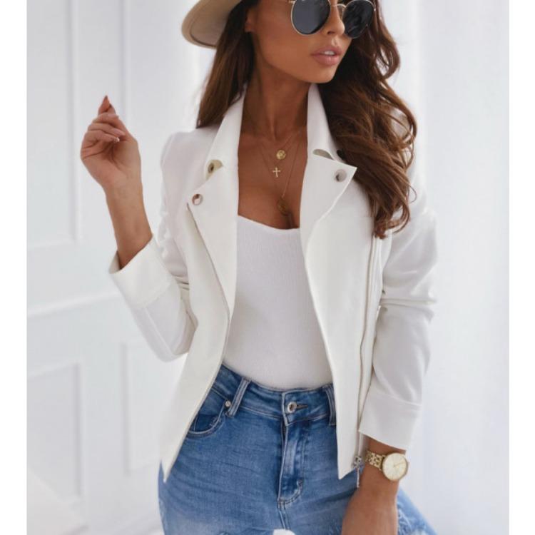 

GMXIA Тонкая куртка на молнии с короткими лацканами из оленьей кожи, короткое пальто из бархата для женщин L белый