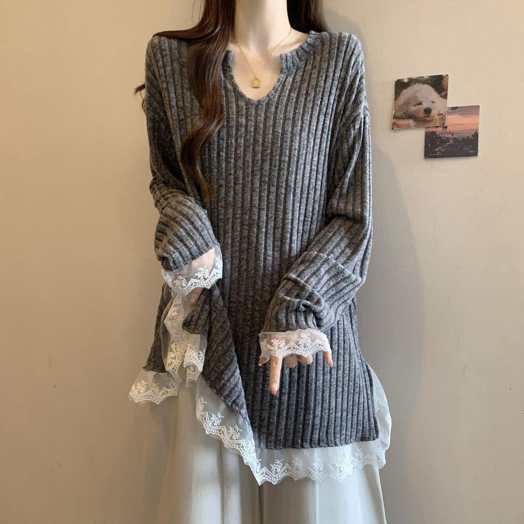 Women's Plus Size V-Neck Lace Hem Long Sleeve Loose T-Shirt – Spring Fashion