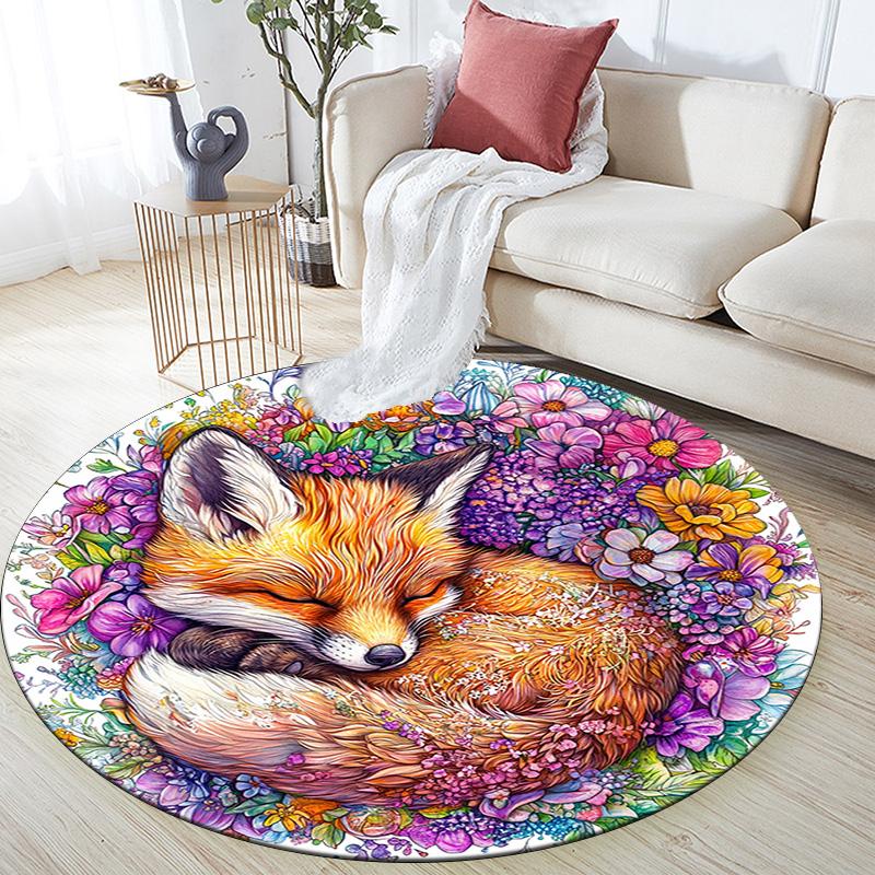 Sleeping Fox Round Area Rug,Carpet Rug for Living Room Bedroom Sofa Playroom Decor,Non-slip Floor Mat