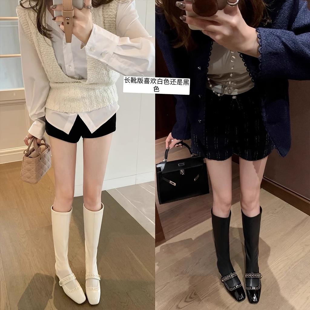 Cowhide Grape Mother Same Leather Square Head Rivet Fashion Boots Medium and High Elastic Boots Women's Thin Boots Short Boots