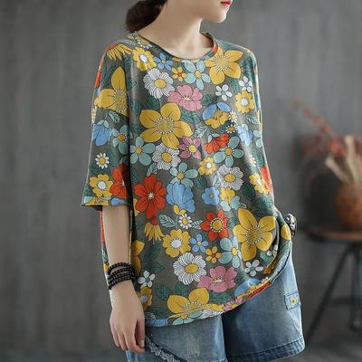 Cotton T-shirt Women's Summer Casual Large Size Printing Round Neck Short-sleeved Tops