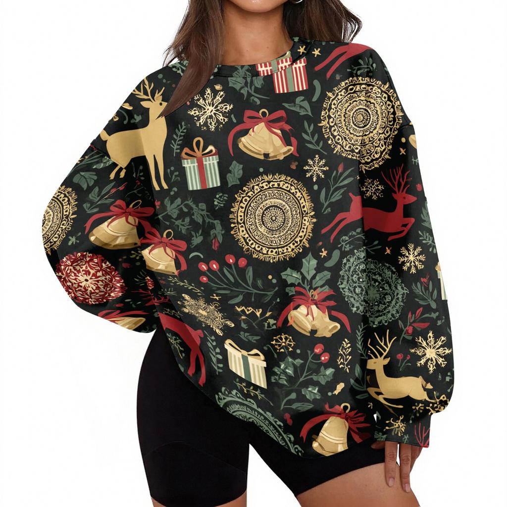 Damen Trendy Weihnachtsdruck Rundhals-Sweatshirt Leichtes Lässiges Pullover-Oberteil