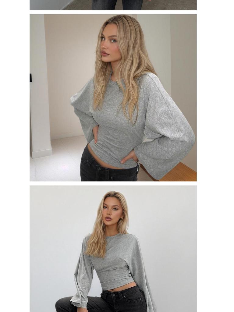 2026 Women's Solid Color Cinched Waist Long Sleeve Top - Fashionable Round Neck, Wide Sleeve.