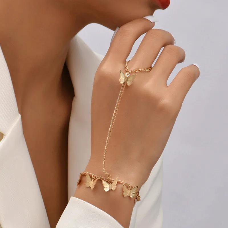 Simple Heart Slave Chain Bracelet Gold Plated Link Connected Wide Finger Ring Bracelets Jewelry Gifts For Women Girls