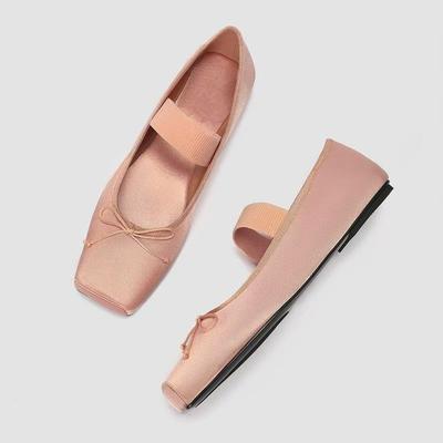 Square Head Satin Flat Bottom Mary Jane Shoes New Temperament Word with Bow Light Mouth Single Shoes
