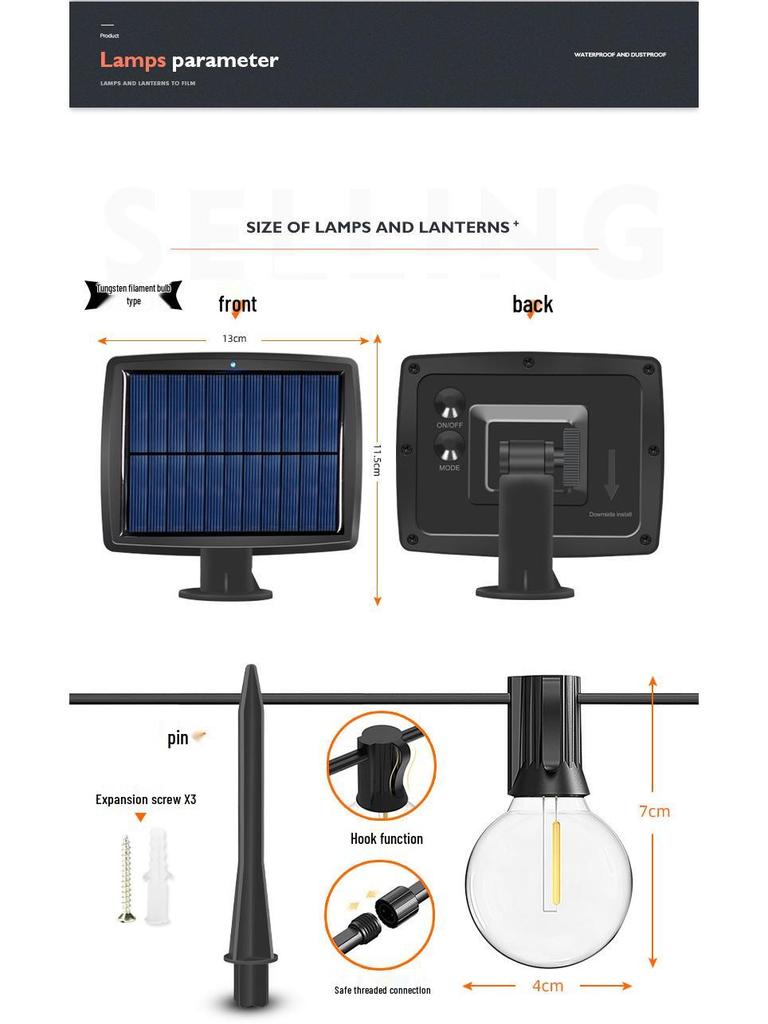Waterproof LED Solar G40 Globe String Lights, Retro Tungsten Filament Bulbs for Outdoor Camping Atmosphere