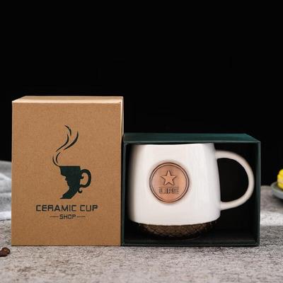 Chaxun Classic Bronze Badge Ceramic Office Mug, White Fish Scale, 400ml