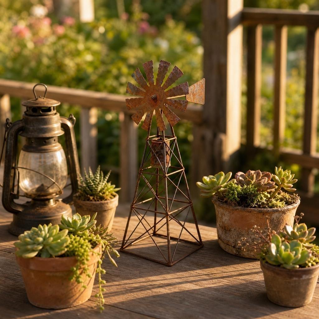 Rustic Metal Windmill Garden Statue Farmhouse Tabletop Decor Weathered Finish Outdoor Indoor Accent Piece