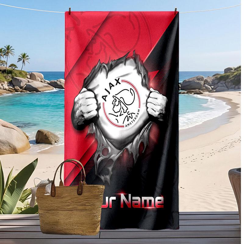 Asciugamano da Spiaggia Personalizzato Stampato Ajax Amsterdam Logo Calcio Supporto Nome Personalizzato Testo Asciugamano Assorbente Per Sport Viaggio Regalo Speciale