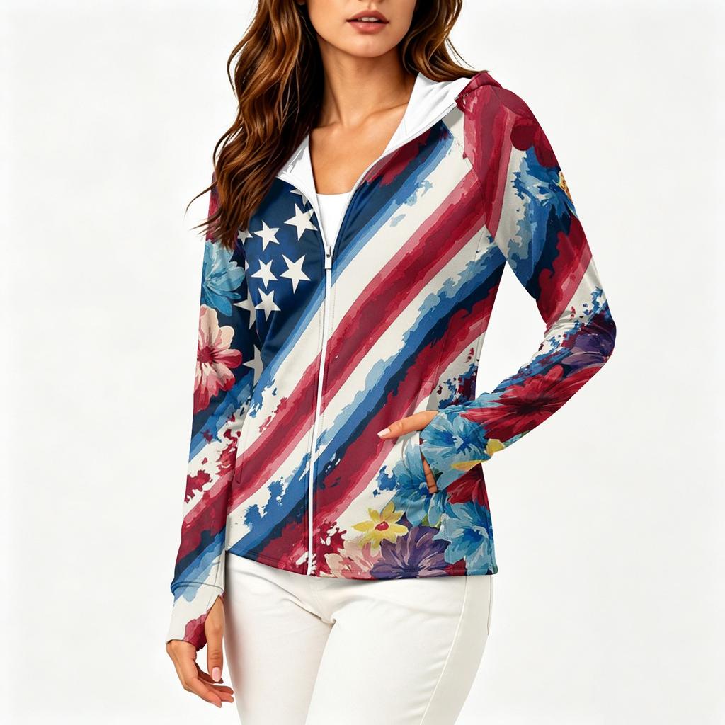 Women's Fashion Zip Up Hoodie Long Sleeve Sun Protection Jacket with Hood and Pockets Lightweight Printed Outerwear for Outdoor Activities