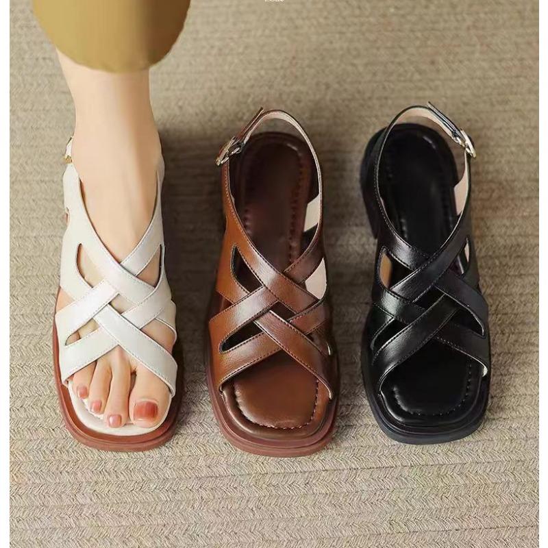 Summer Flat Bottom Large Size Ladies Sandals Women Ankle Mid Heel Block Party Open Toe Square Shoes
