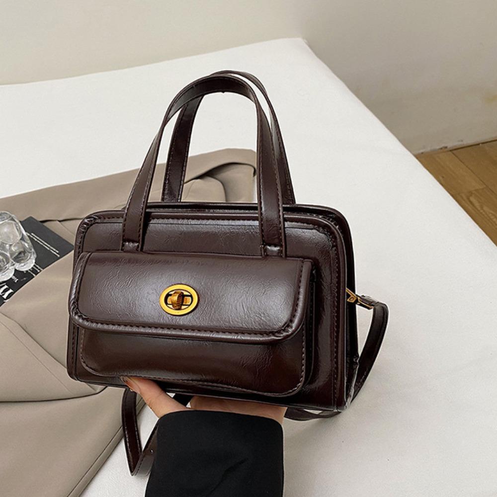 Solid Color Pocket Boston Tote Bag Handbag Underarm Bag Temperament PU Bowling Bag  Women