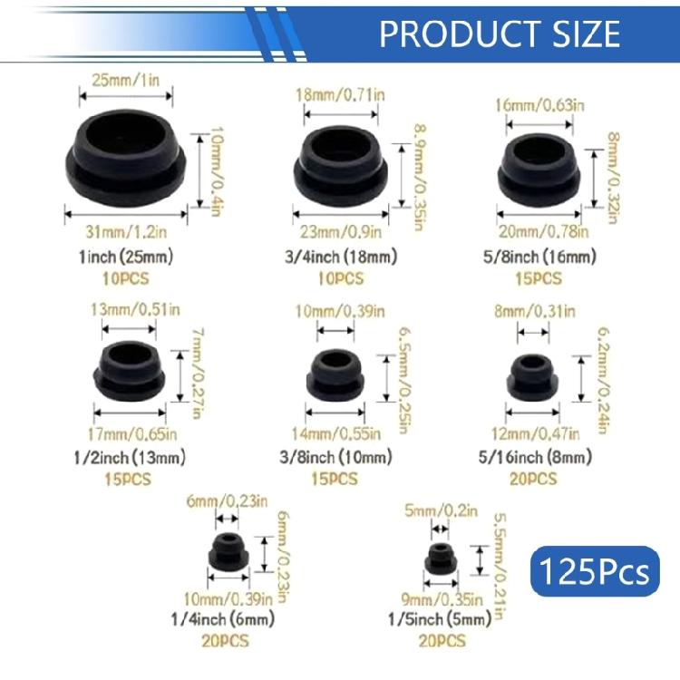 125Pcs Rubber Hole Plug Assortment 8 Different Size Cabinet Chair Hole Covers Soft Sealing Hole Caps Dust Plugs